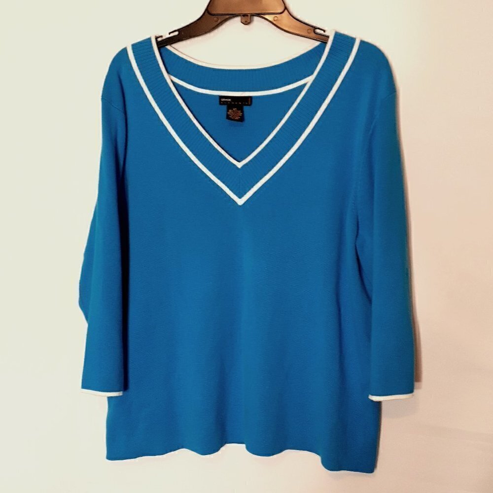 GRACE ELEMENTS 3/4 Sleeve, V-Neck Turquoise Sweater; Size 2X